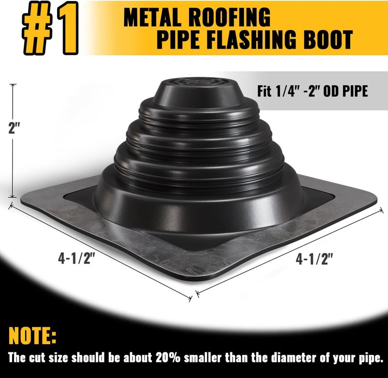 VIVIDA #1 Metal Roof Pipe Flashing, Metal Roofing Pipe Boot Kit, High Temp Silicone Vent Boot, for Tube OD 1/4" to 2", Square Base, Screws & Hex Socket Included, 1 Pack, Black - Image 3